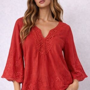 Chico's Vibrant Red Embroidered Blouse